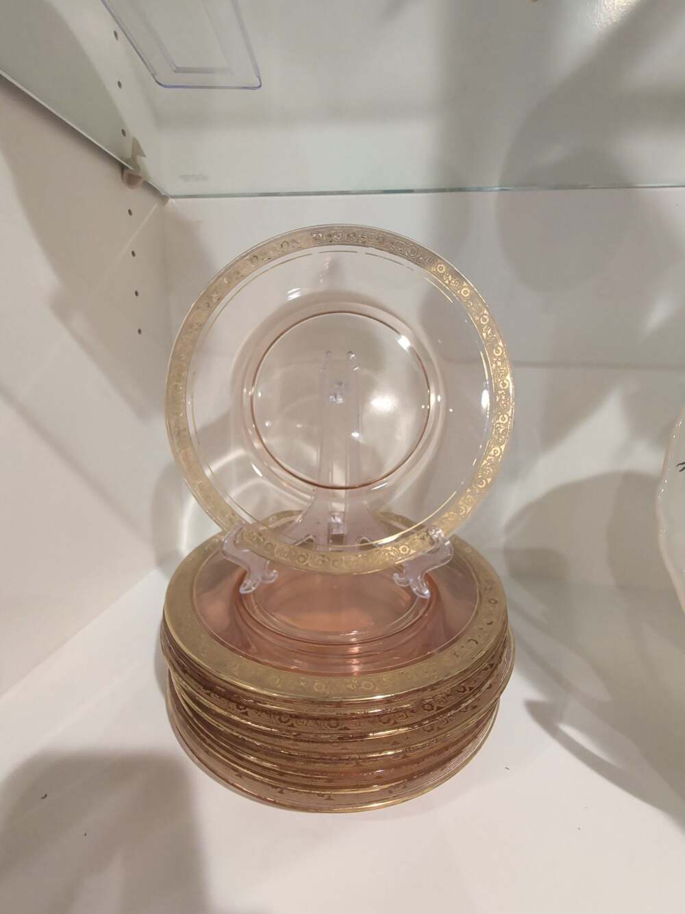 Tiffin Franciscan Pink Depression Glass Plates with Gold Encrusted Rim. Set of 8